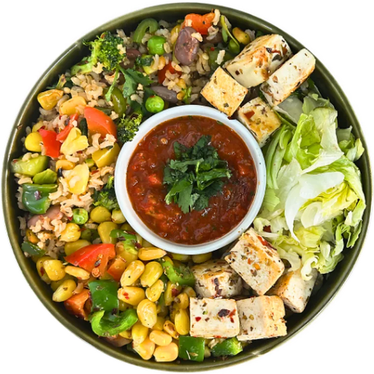 Fresh high-protein salad bowl with tofu, corn and greens - healthy meal delivery Ahmedabad by NOSH7