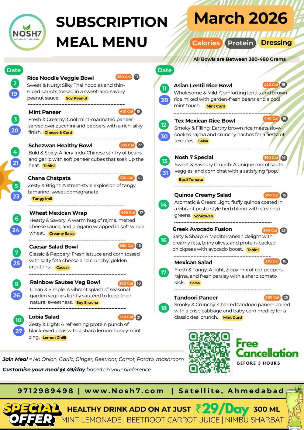 NOSH7 Monthly Salad Menu – Pure Veg Ahmedabad