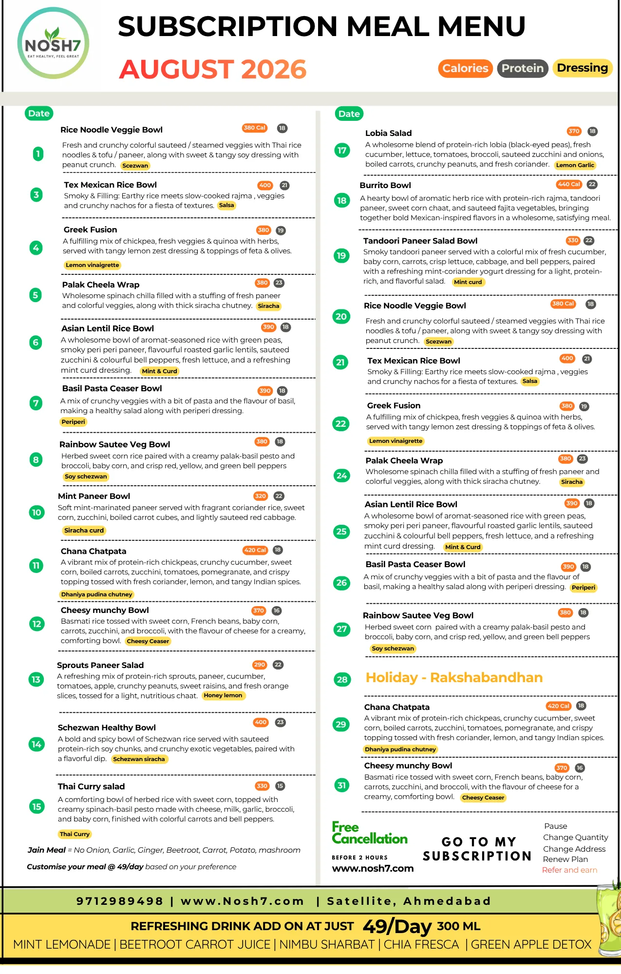 NOSH7 August 2026 Salad Menu – Pure Veg Ahmedabad